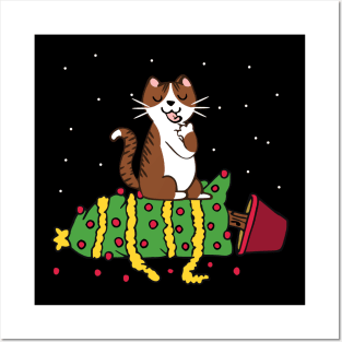 white tabby cat knocked the christmas tree Posters and Art